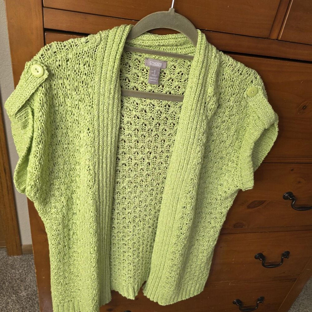 Chico’s Cardigan Size 1 (Medium) Short Sleeve Open Front Lime Green Open Knit - Picture 7 of 8
